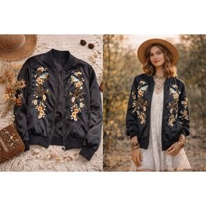 Black Bomber Jacket Embroidered Birds Cherry Blossoms Satin Zip Front Women's M